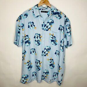 Linen Vintage Nautica Floral Blue Gold Hawaiian Shirt XL